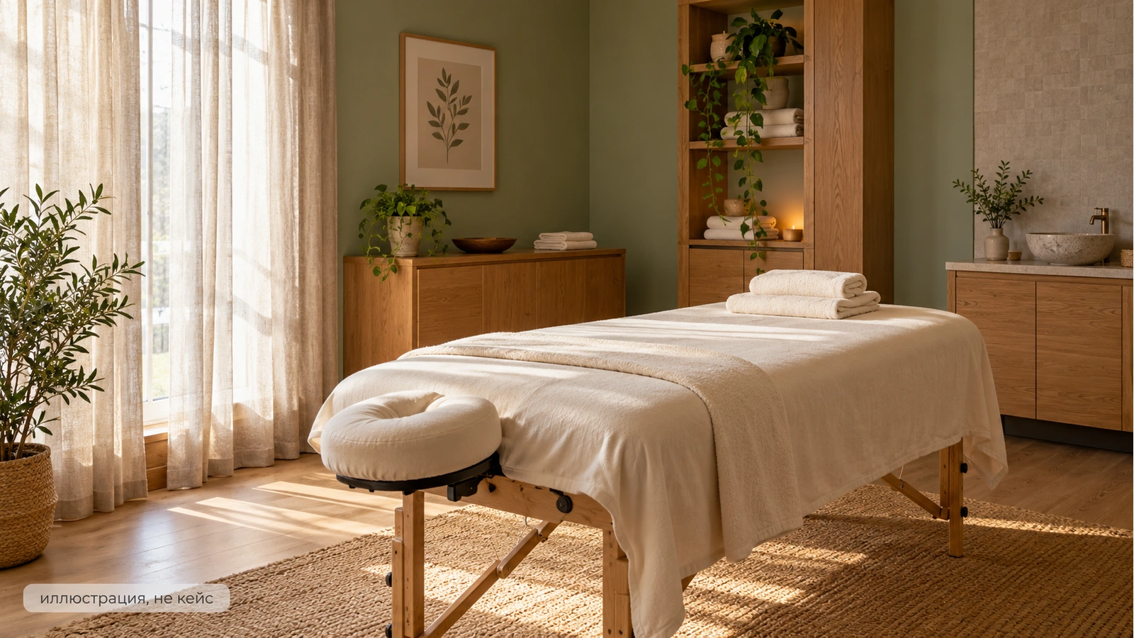Иллюстрация атмосферы ниши «Массаж / SPA» для TEZAM (не кейс клиента)