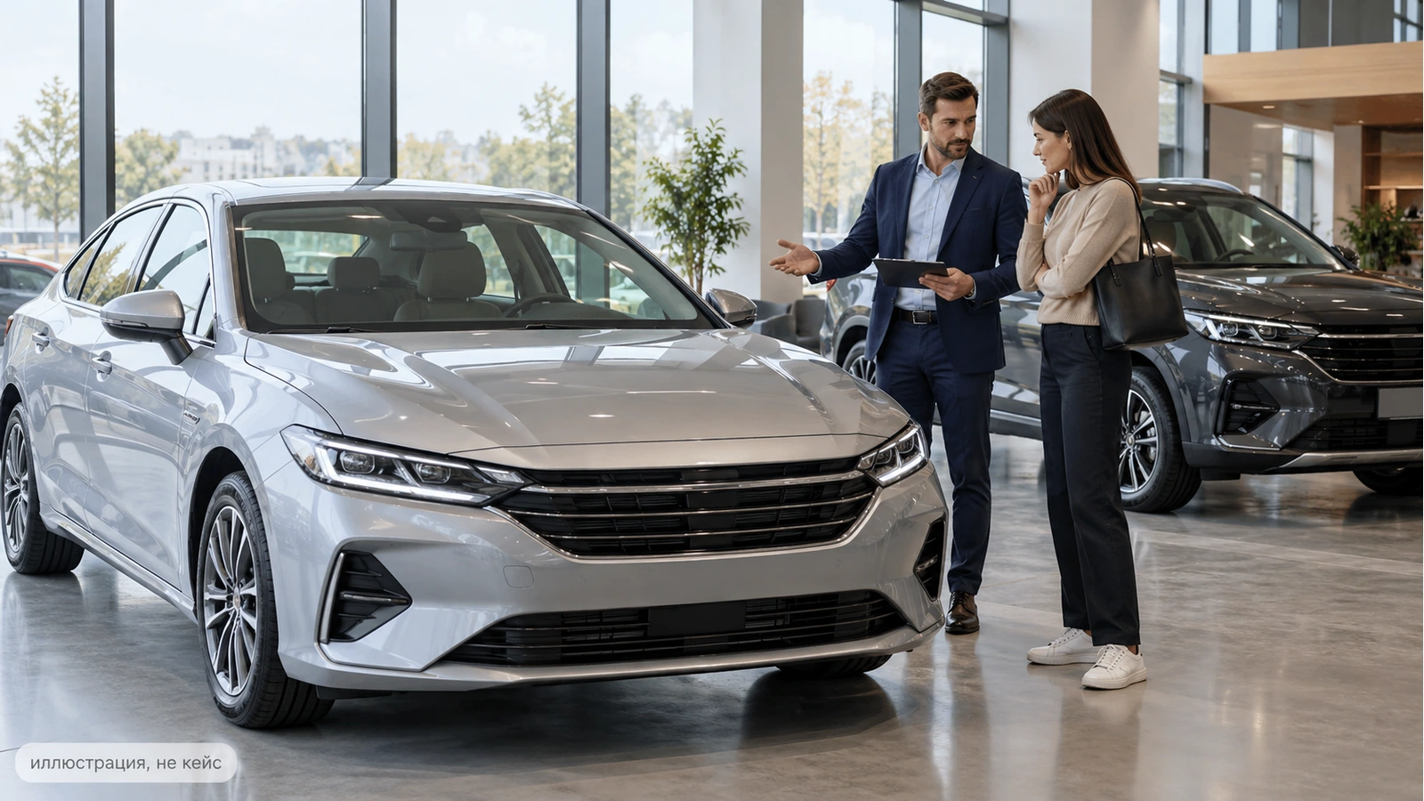Иллюстрация атмосферы ниши «Автосалон / продажа авто» для TEZAM (не кейс клиента)